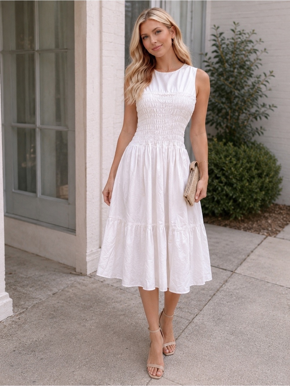 MARE MARE White Smocked Midi Dress Sleeveless Fit & Flare Size S